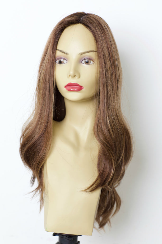 Yaffa Wigs Finest Quality Long Warm Brown Highlights Dark Rooted 100% Human Hair