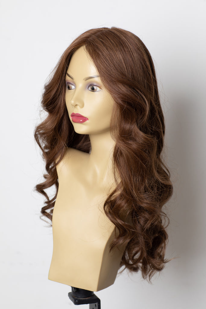 Yaffa Wigs Finest Quality Precut Long Brown Highlights Straight 100% Human Hair