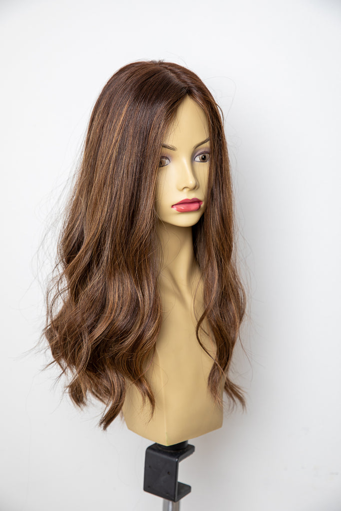 Yaffa Wigs Finest Quality Long Brown W/ Highlights Straight Pony 100% Human Hair