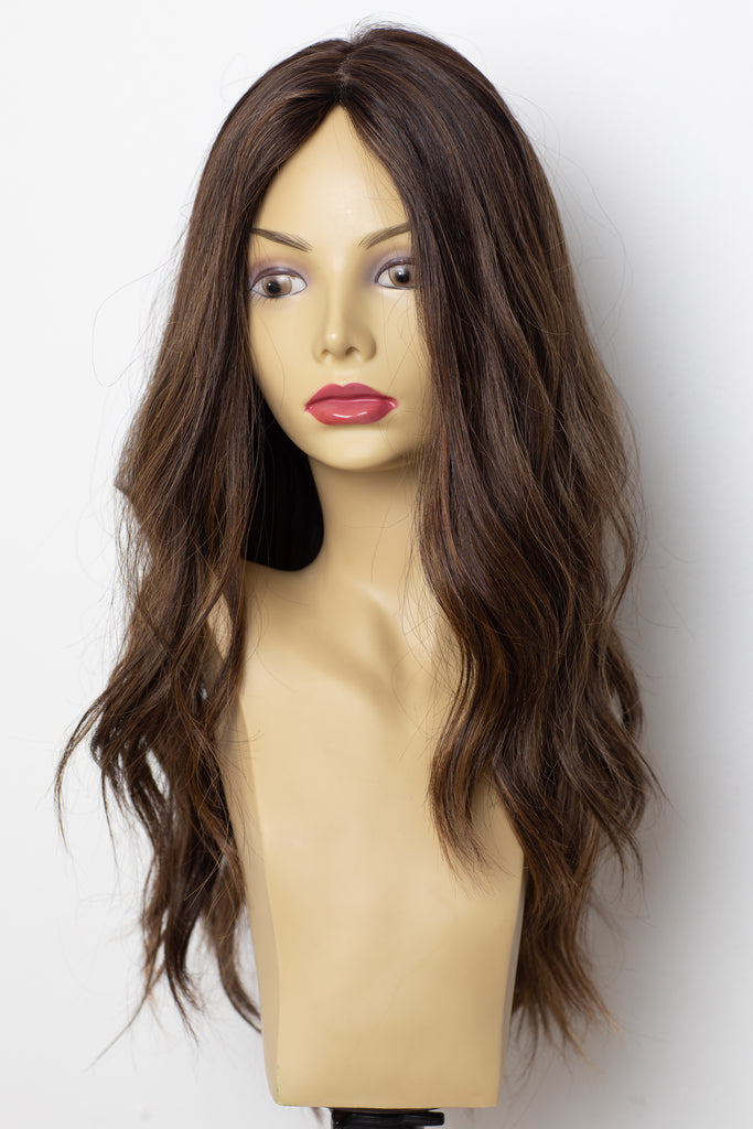 Yaffa Wigs Finest Quality Long Dark Brown Highlights Straight 100% Human Hair