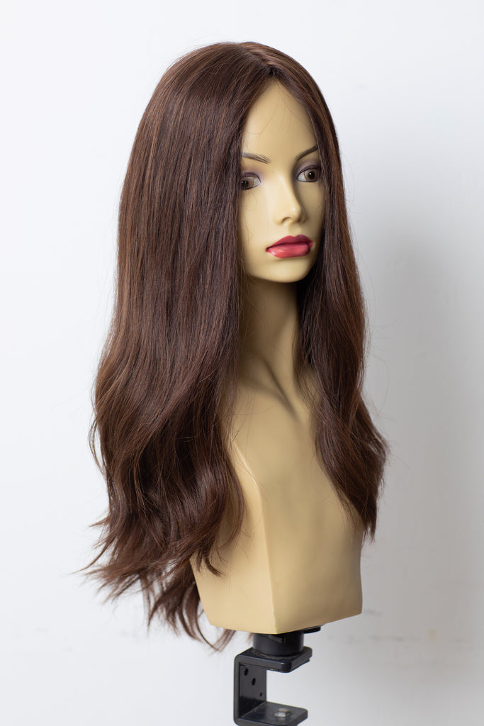 Yaffa Wigs Finest Quality Long Brown W/Highlights Straight Pony 100% Human Hair