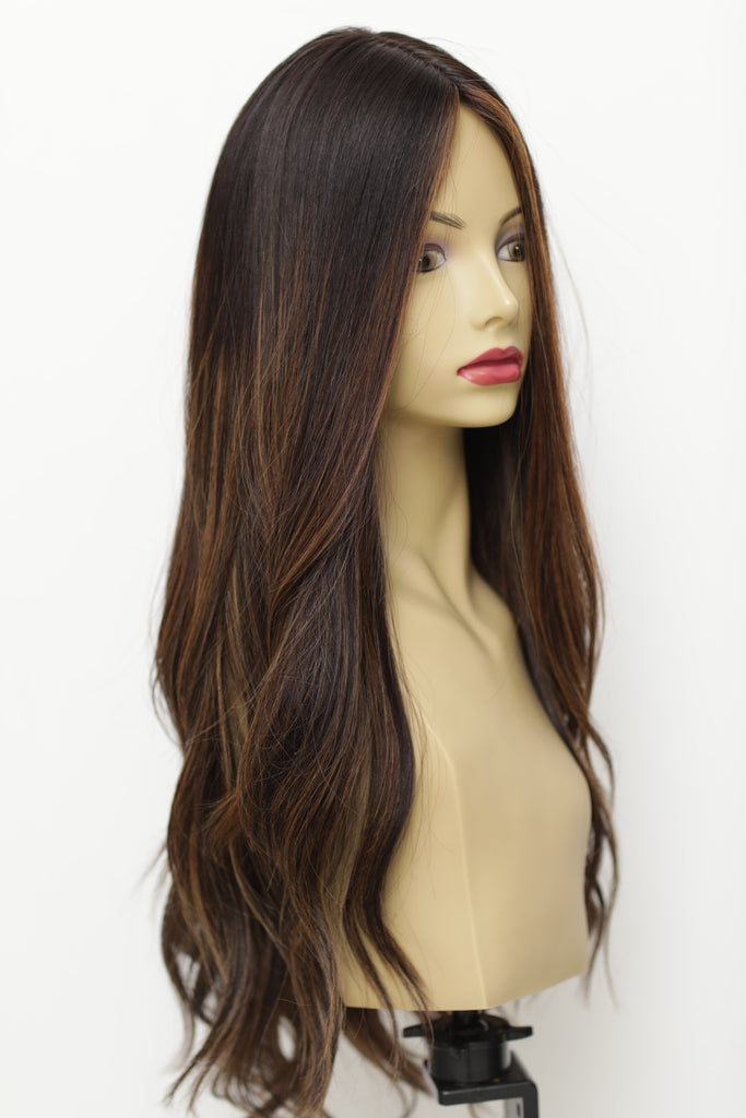 Yaffa Wigs Finest Quality Long Dark Brown Highlights 100% Human Hair