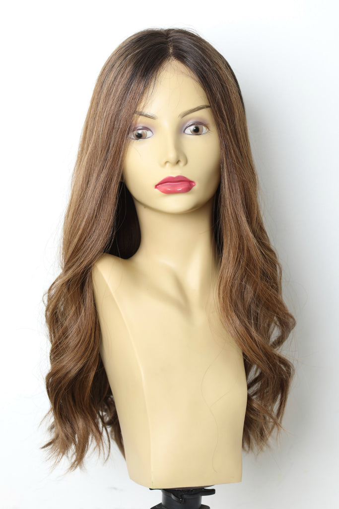 Yaffa Wigs Finest Quality Long Brown With Dark Roots Lace Top 100% Human Hair